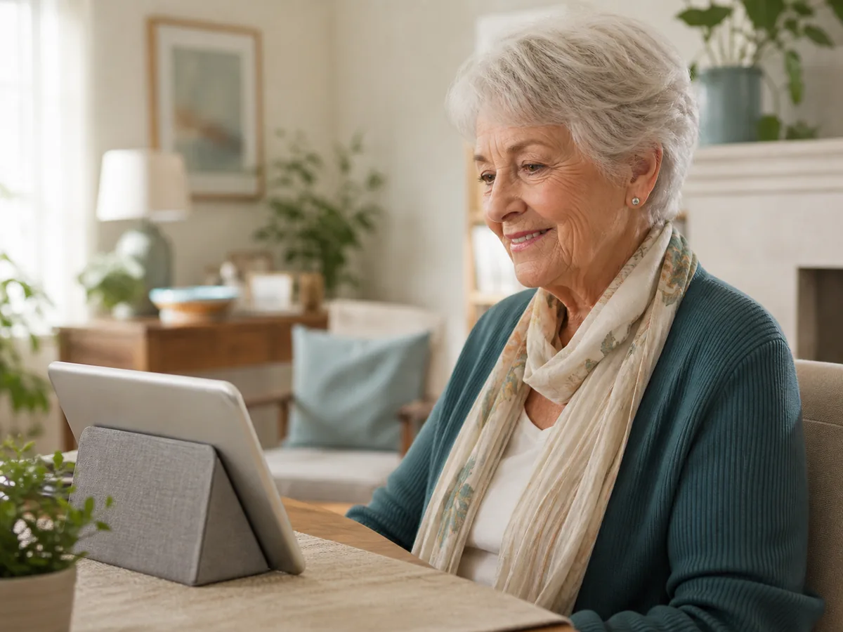 An older woman using Family Presence at home